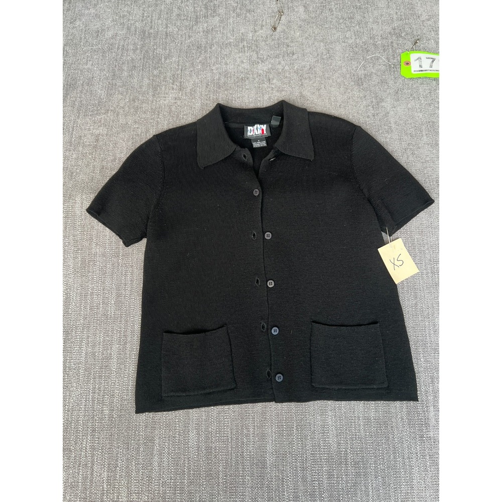 Vintage DKNY Polo Cardigan Womens P Black Wool Knit Collared Button Front Retro
